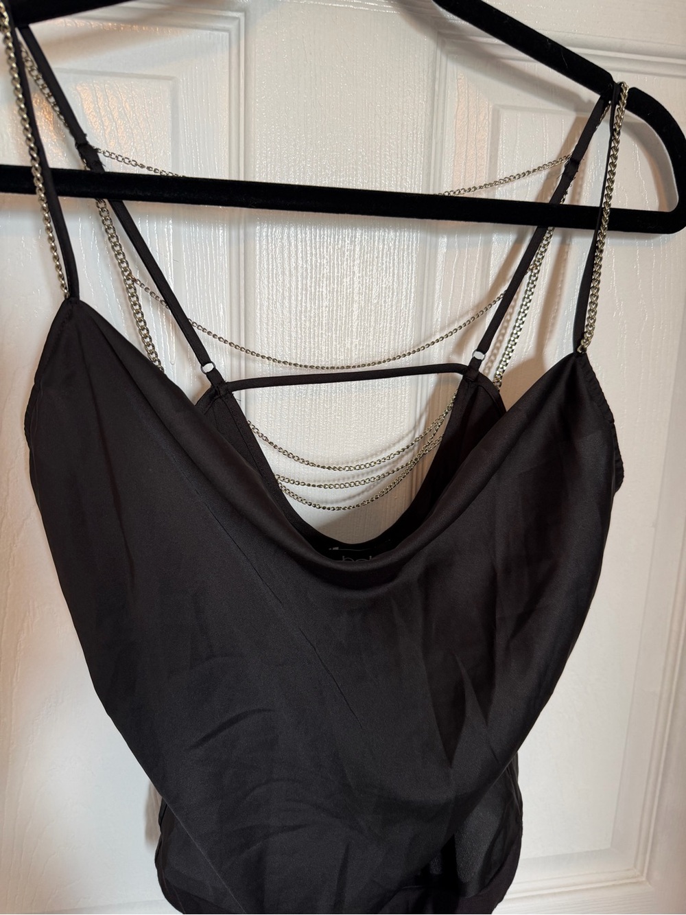 Black Satin Cowl Neck Bodysuit with Chain Straps